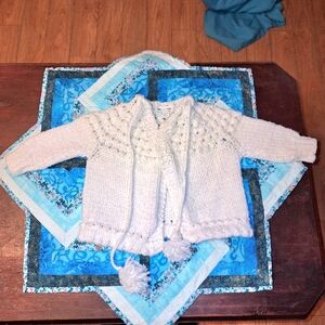 Hand Knit Vintage Cardigan with Pom Pom's, 0-3 Months